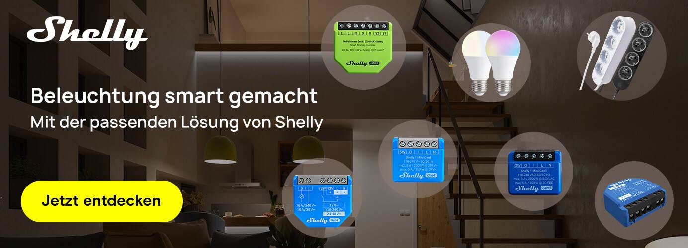 Verschiedene Shelly Smart Home Produkte wie Schalter, Lampen und Steckdosenleisten für smarte Beleuchtung.