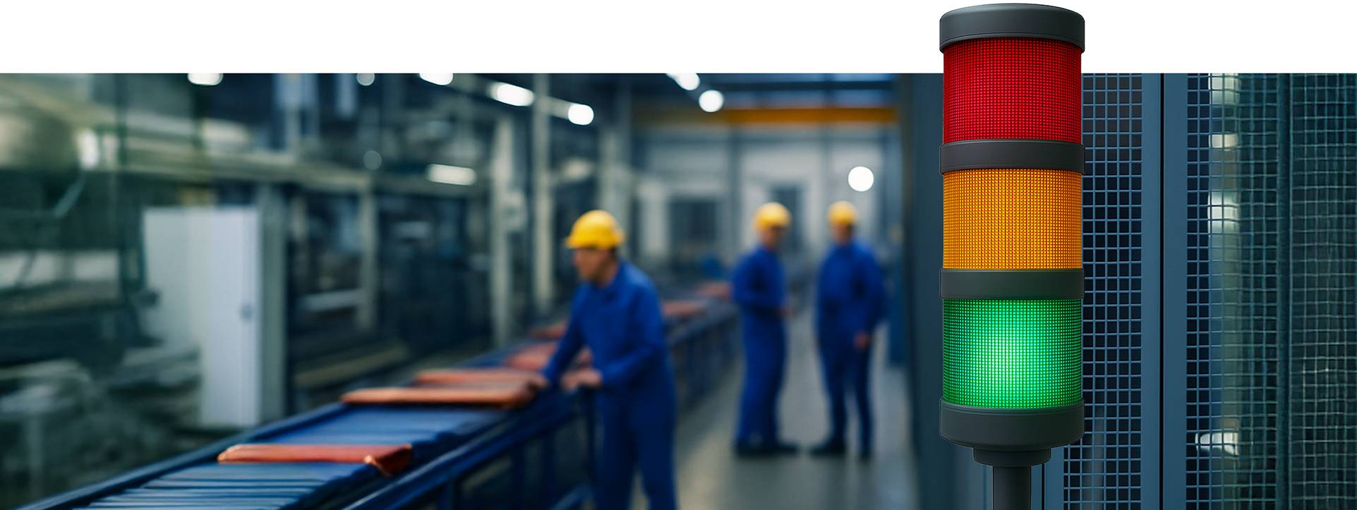 Drei Bauarbeiter in blauer Kleidung und gelben Helmen in einer Fabrik. Rechts eine Ampel mit rotem, gelbem und grünem Licht.