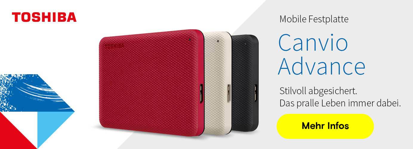 Drei mobile Festplatten TOSHIBA Canvio Advance in Rot, Weiß und Schwarz für stilvolle Datensicherung.