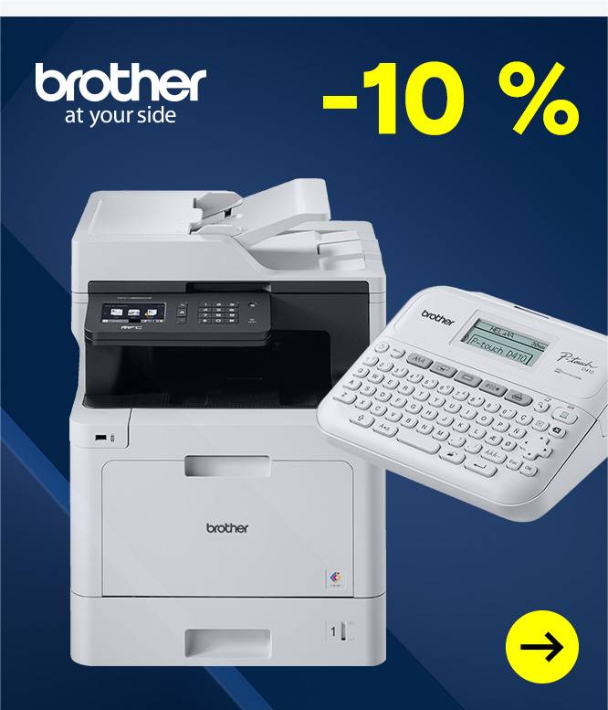 Brother-Werbebanner mit 10 % Rabatt, einem Multifunktionsdrucker und einem Beschriftungsgerät vor blauem Hintergrund.