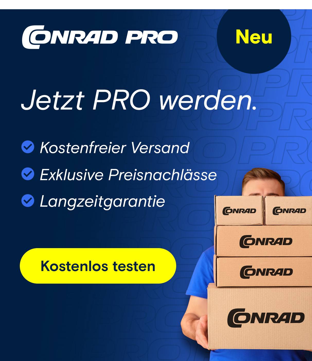 Conrad Pro: Person hinter Stapel Conrad-Paketen.