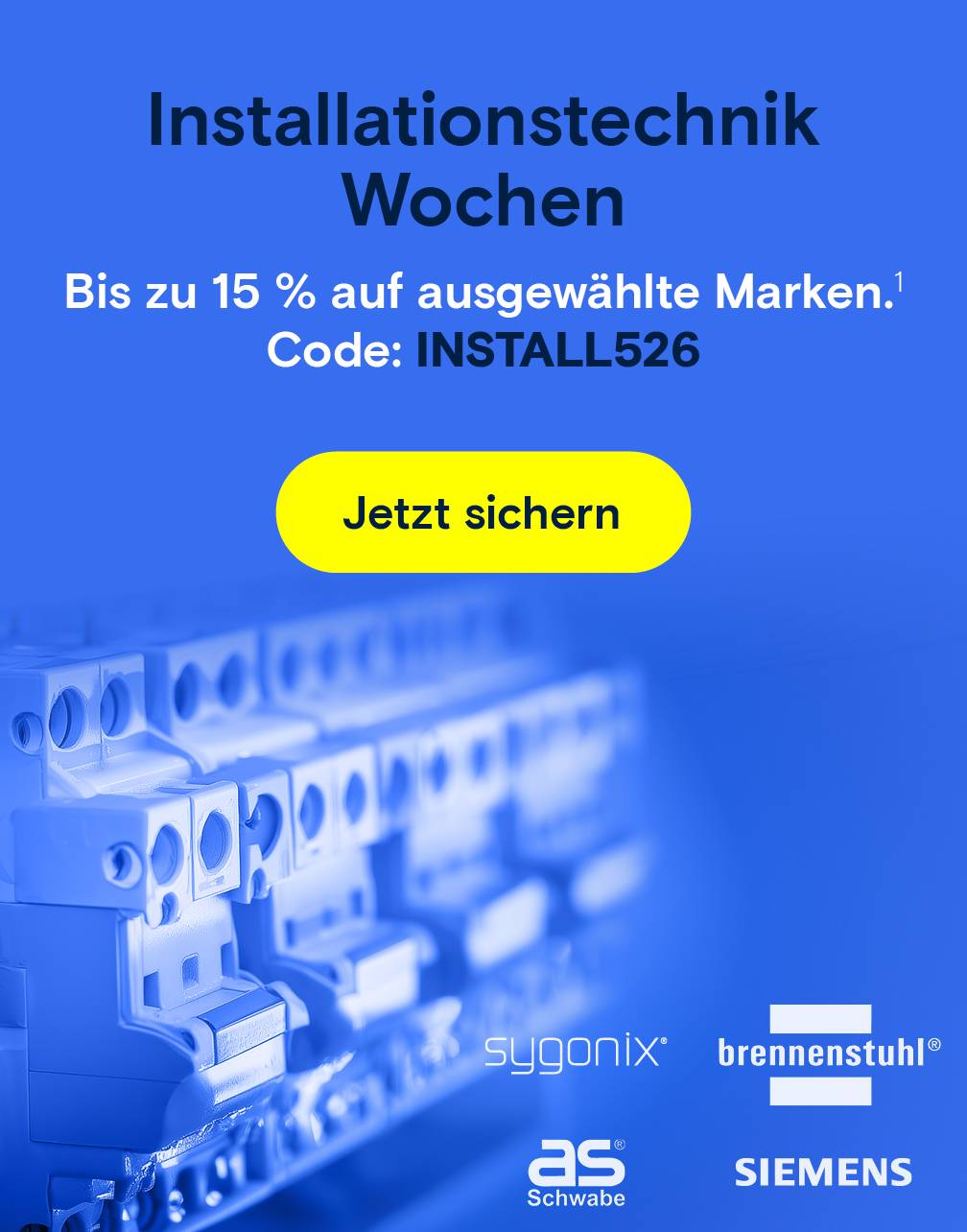 Installationstechnik: Sicherungsschalter und Rabatt-Code.