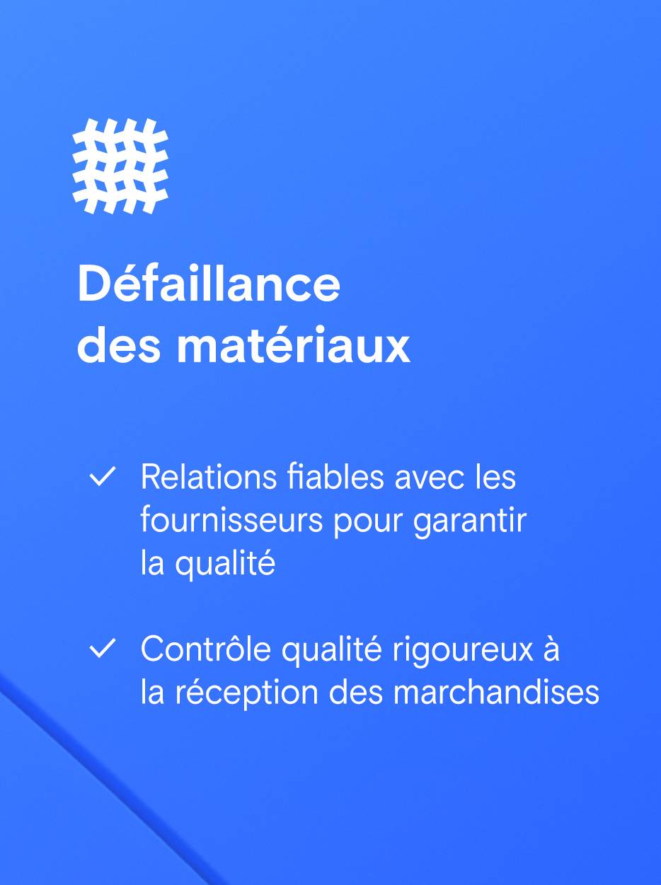 Bouton rectangulaire avec le symbole d'une grille, à côté du texte « Défaillance matérielle » et trois énumérations avec des coches : « Relations fiables avec les fournisseurs », « Contrôle de la qualité à la livraison » et « Gérer les listes de pièces de rechange critiques ».