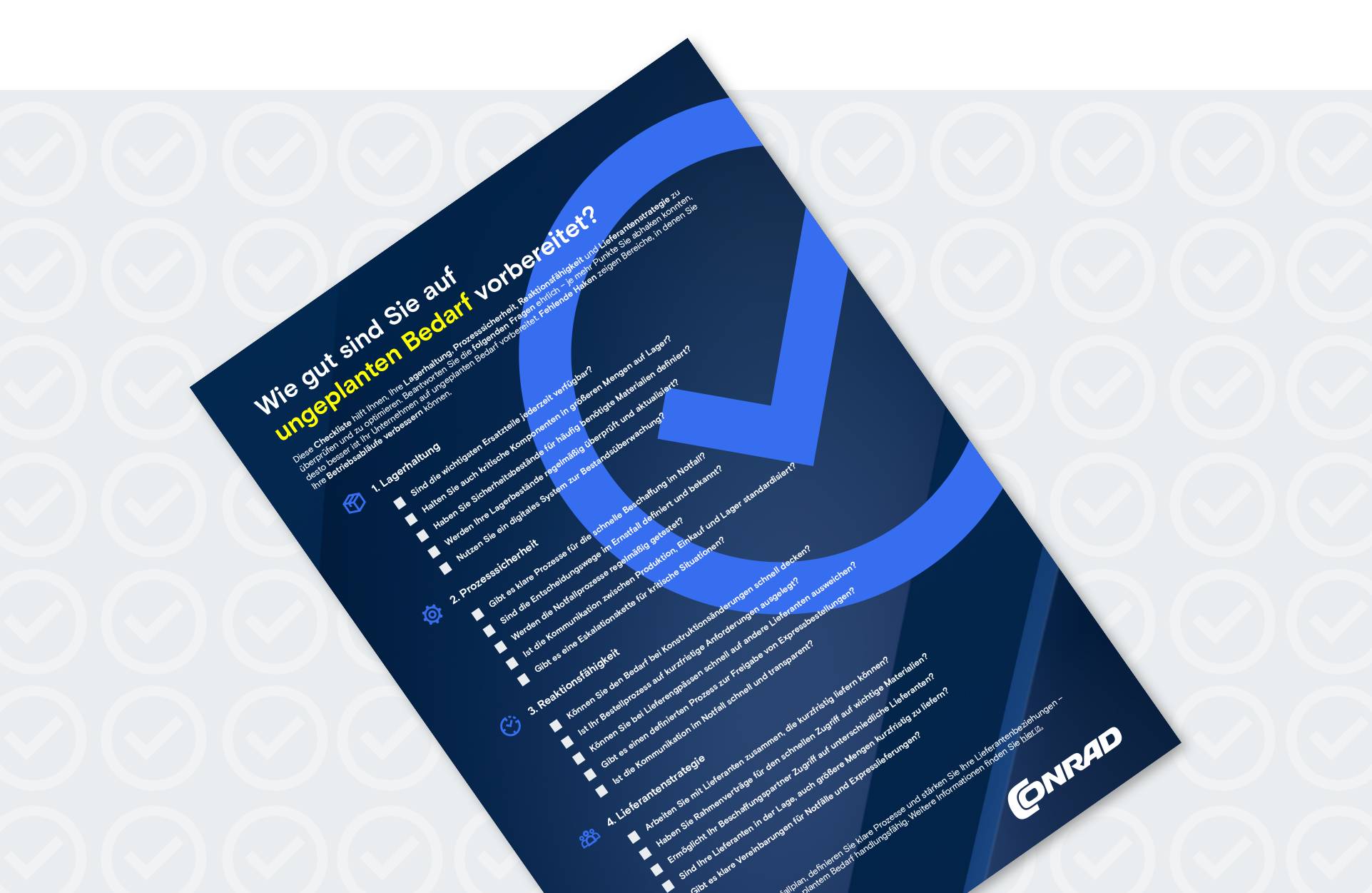 Checkliste zur Bedarfsplanung auf dunkelblauem Hintergrund, Liste mit Fragen zur Überprüfung und Optimierung von Lagerhaltung, Prozesssicherheit und Lieferantenstrategie, "Jetzt handeln" Button. Download Checkliste