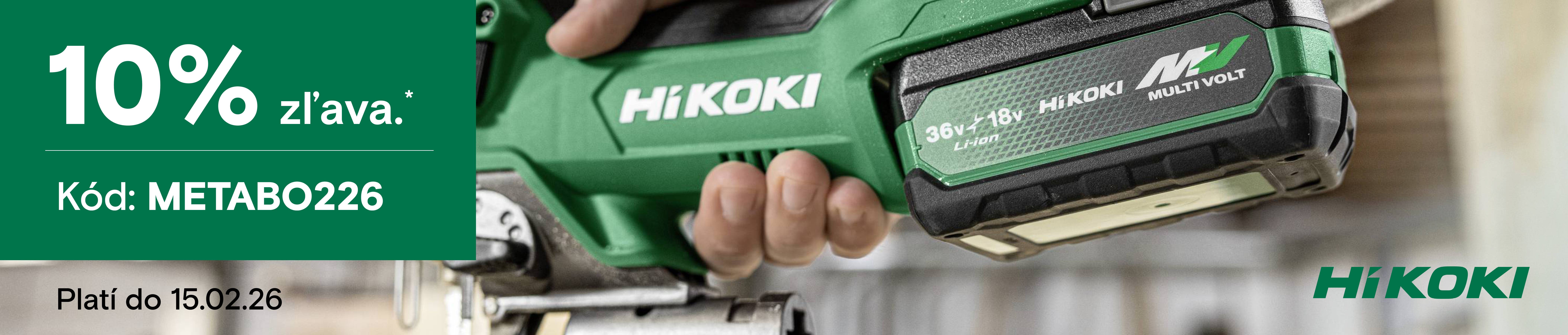Ruka drží náradie HiKOKI. Text: "10 % zľava. Kód: METABO0226."