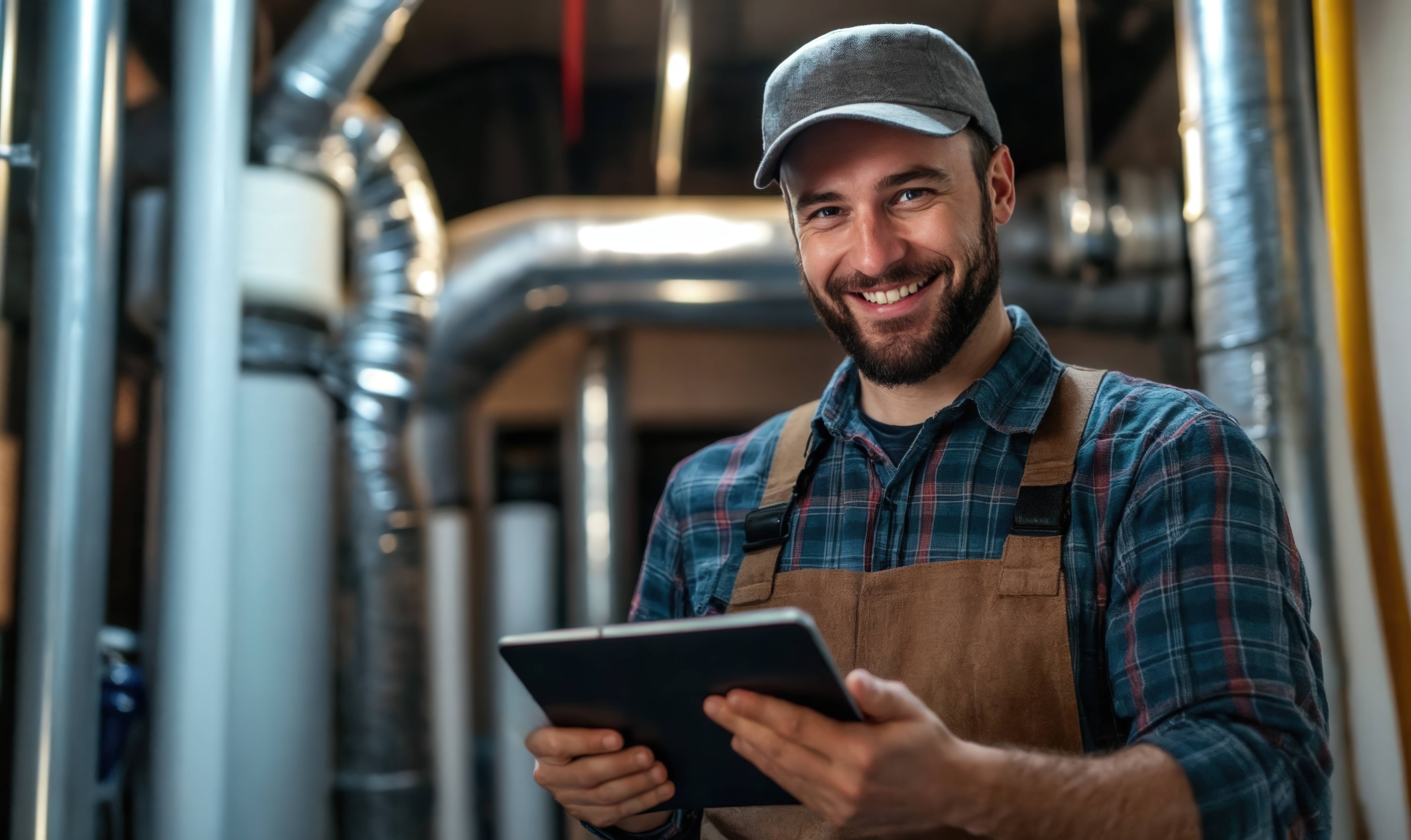 Ein Mann mit dunklem Bart hält ein Tablet in den Händen und lächelt breit. Er trägt eine braune Arbeitshose, ein blau-rot kariertes Hemd und eine graue Cap. Im Hintergrund ist eine industrielle Umgebung mit großen, metallenen Rohren zu sehen.