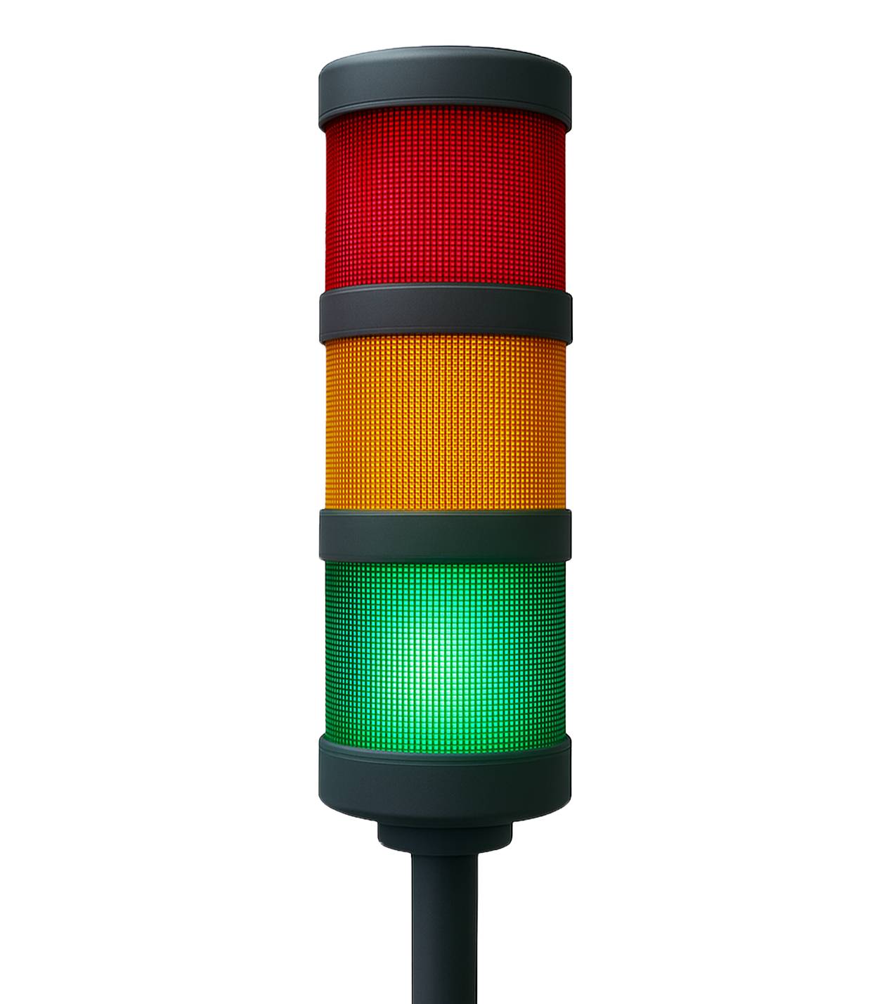 Signalampel mit rotem, gelbem und grünem Licht, schwarzer Sockel, auf grauem Hintergrund mit stilisierten Zahnrädern.