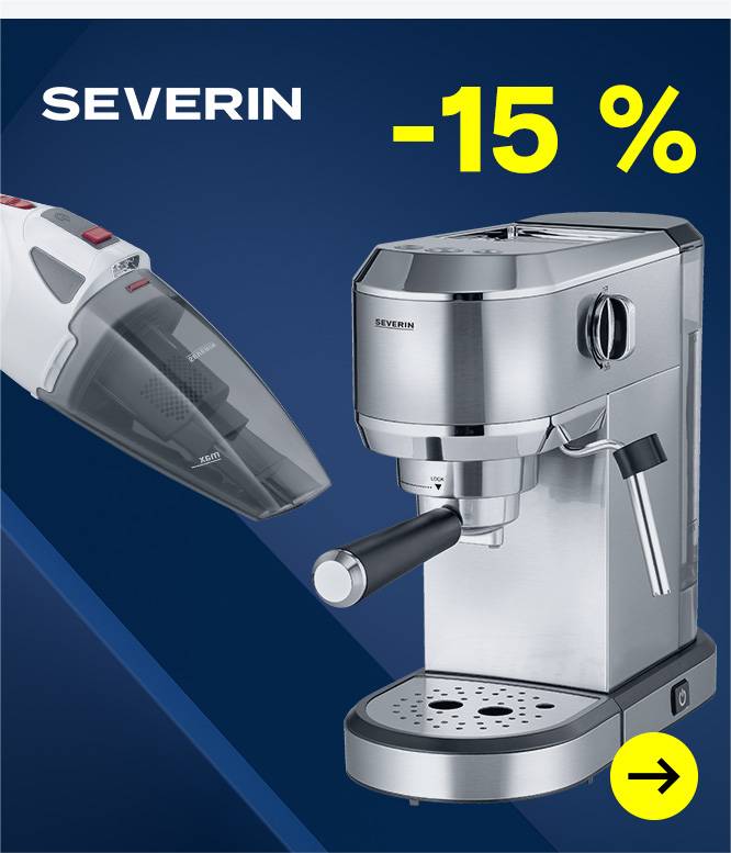 Severin-Werbebanner mit 15 % Rabatt auf einen Handstaubsauger und eine Espressomaschine.