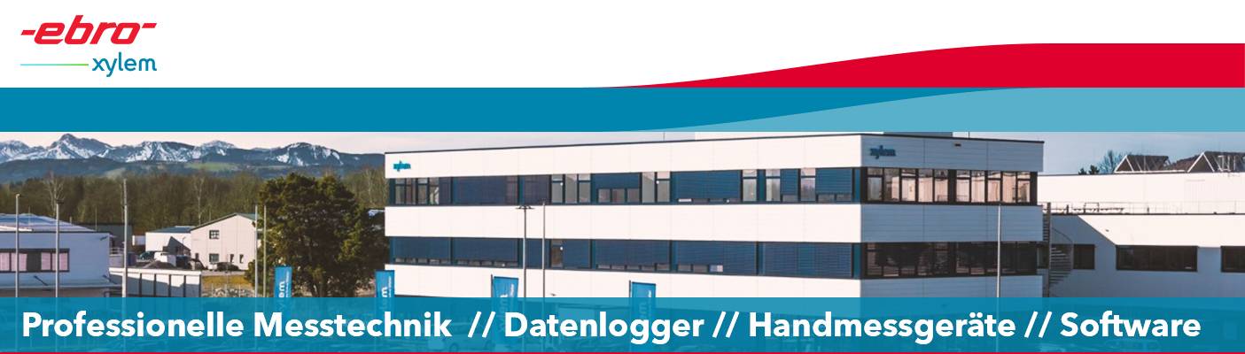  Werbebanner mit ebro-Logo und dem Schriftzug "a xylem brand". Darunter der Slogan "Professionelle Messtechnik // Datenlogger // Handmessgeräte // Software".