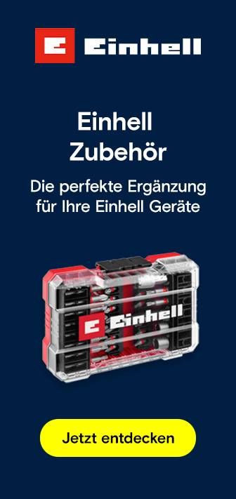 Einhell Zubehör-Set im transparenten Koffer mit verschiedenen Bits und Bohrern vor dunkelblauem Hintergrund.