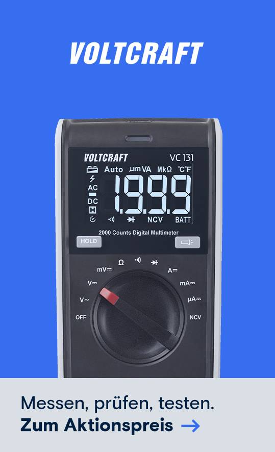 Ein Voltcraft Multimeter. Unten Slogan "Messen, prüfen, testen." und Aktionspreis-Hinweis mit Pfeil.