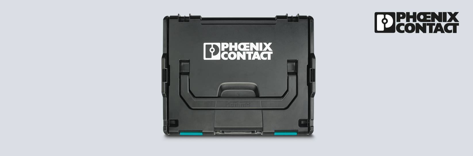 Eine geschlossene schwarze Sortimo Box von Phoenix Contact.