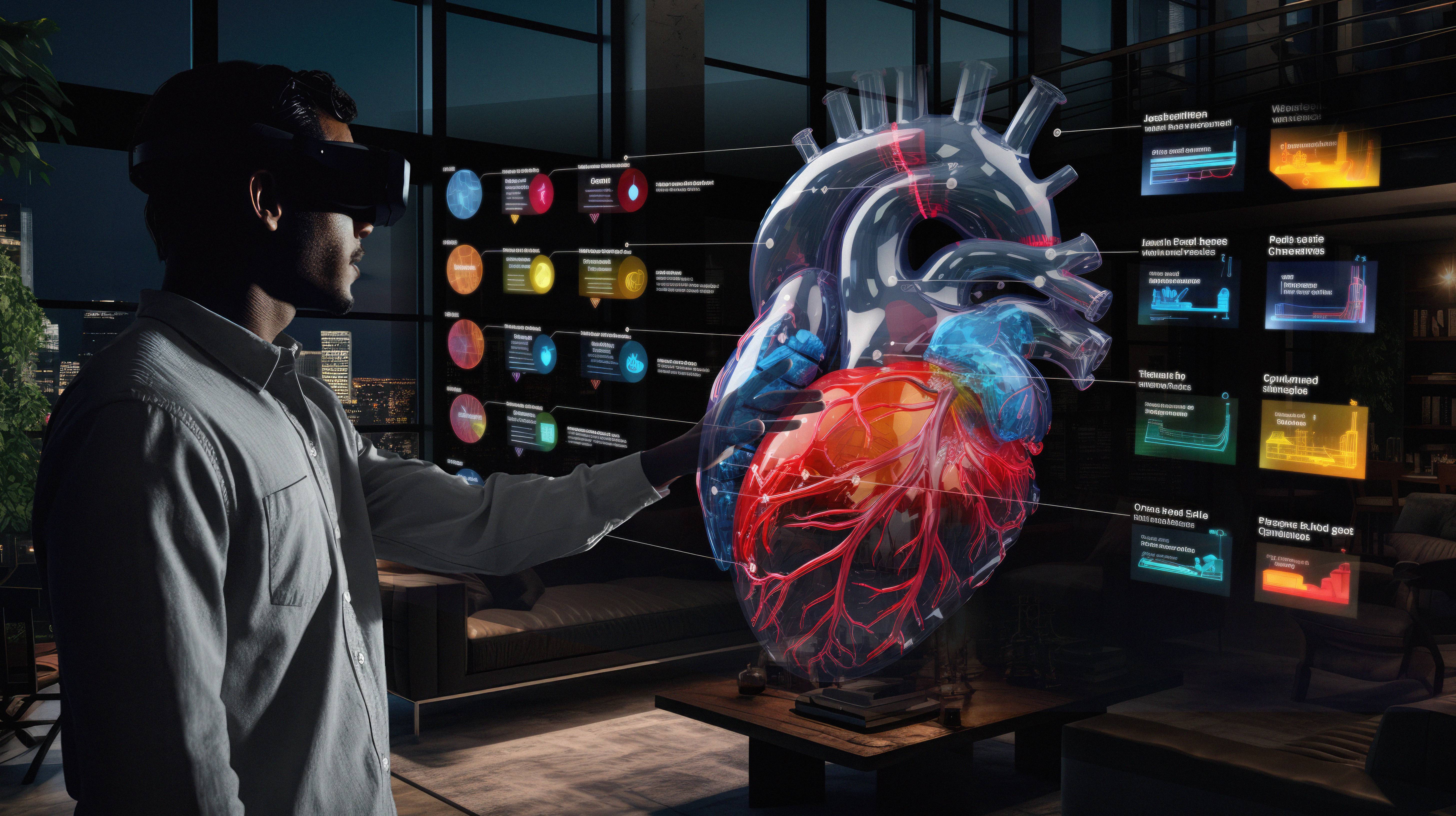 Man sieht einem Mann mit Vr-Brille, die die Anatomie eines Herzens darstellt.