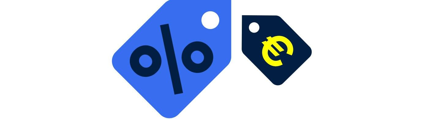 Eenafbeelding van een procentteken en euroteken op prijskaartjes