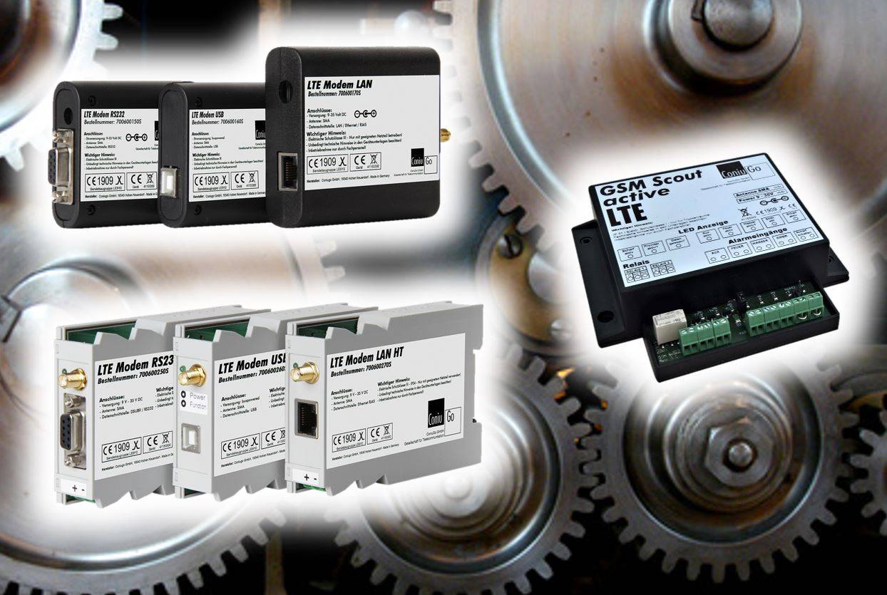 Auf diesem Bild sieht man verschiedene LTE Modem mit Zahnrädern im Hintergrund