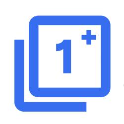 Blaues Symbol mit der Zahl „1+“ auf zwei übereinander liegenden Quadraten.