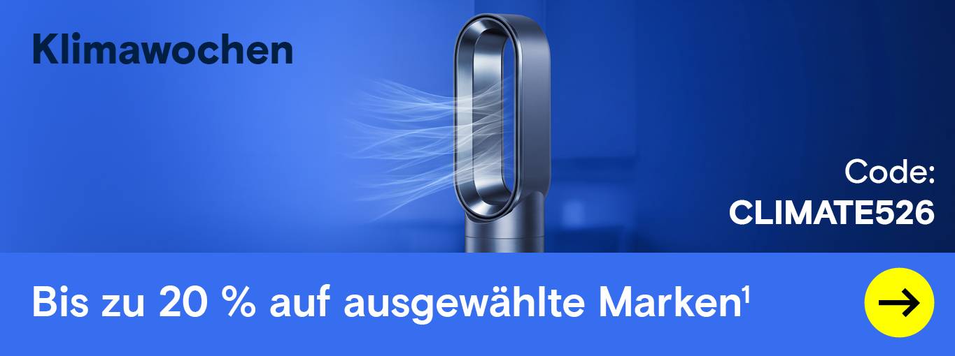 Klimawochen: Turmventilator und Rabatt-Code auf Blau.