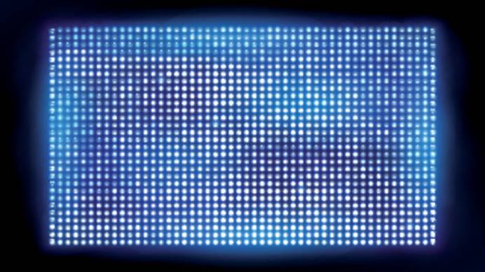 LED-Anzeige aus rasterförmig angeordneten Leuchtdioden, die in Blauweiß leuchten. Der Hintergrund ist schwarz.