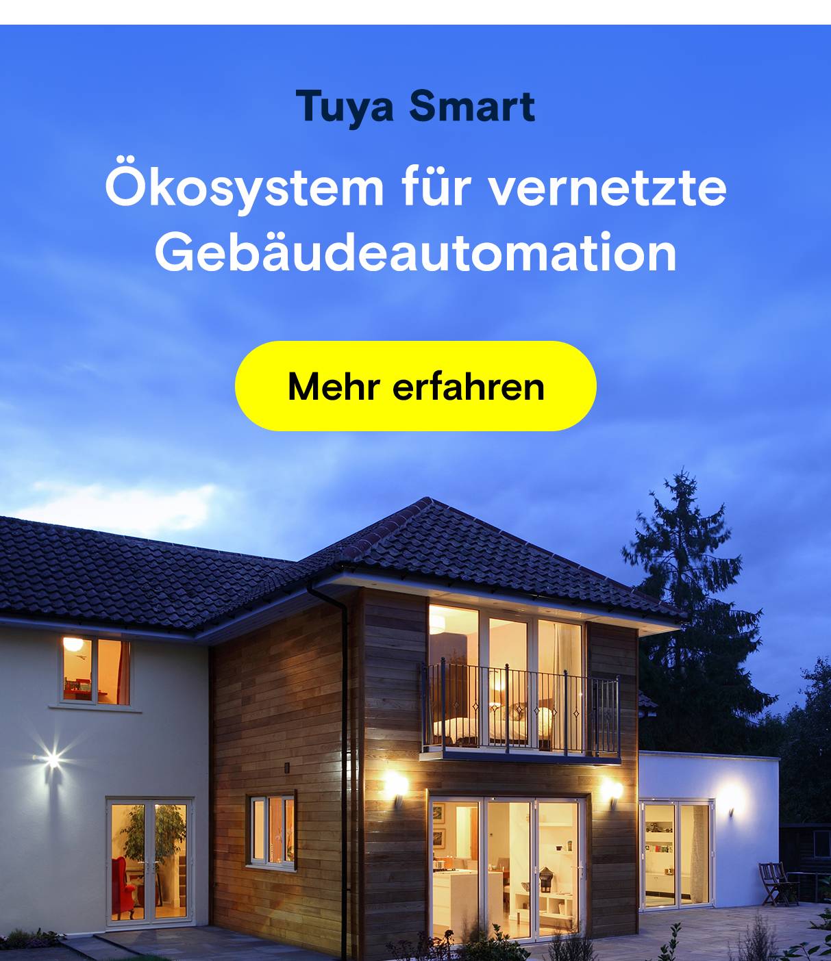 Tuya Smart: Beleuchtetes Wohnhaus bei Dämmerung.