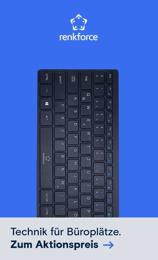 Abbildung einer schwarzen Renkforce Tastatur mit deutschem Layout. Unten Slogan Technik für Büroplätze und Aktionspreis-Hinweis mit Pfeil.
