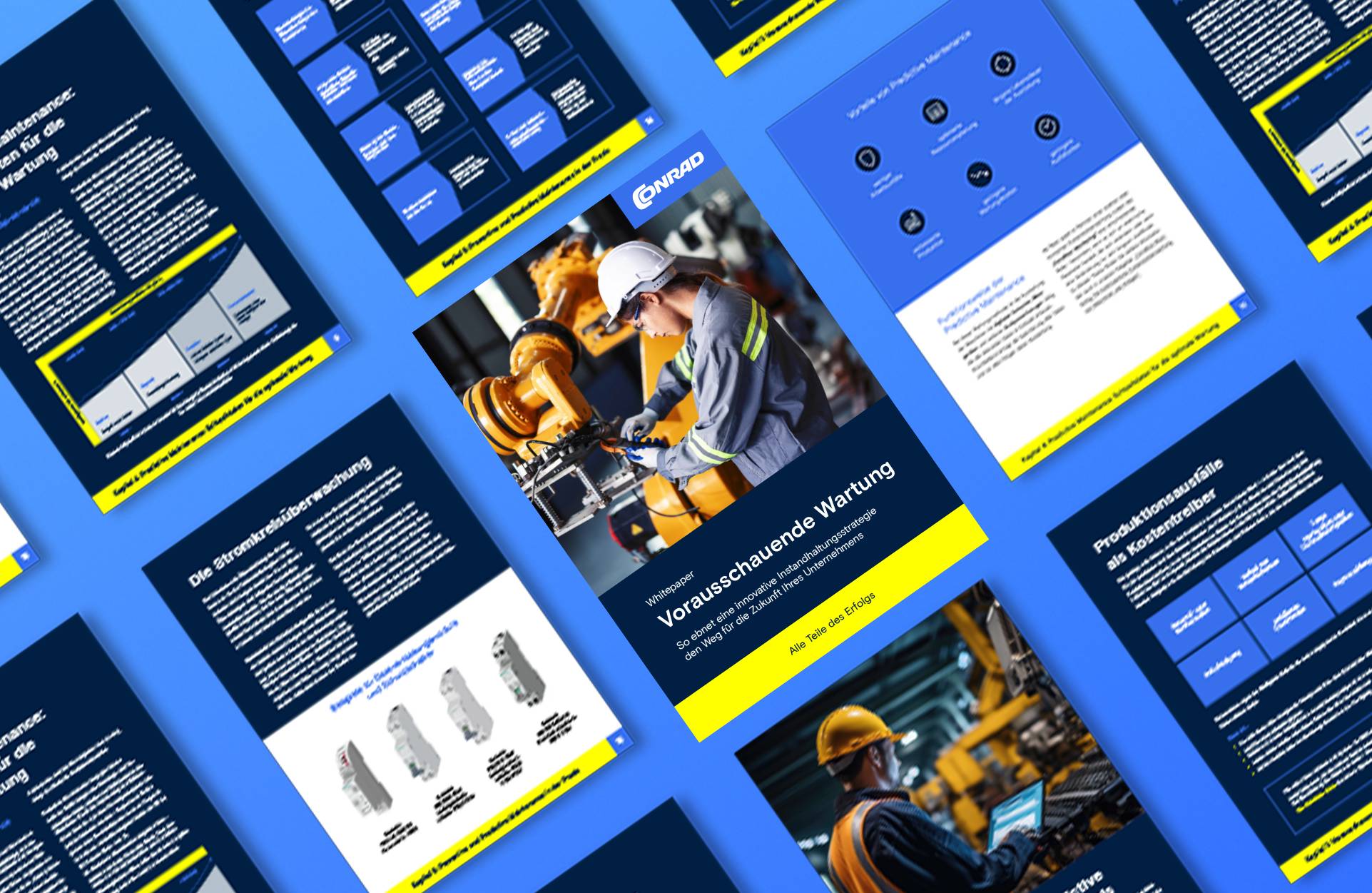 Mehrere Dokumente mit blauem Hintergrund auf einem Schreibtisch. Themen der Dokumente sind z.B. Wartung und Stromkreislaufüberwachung. Link führt zum Whitepaper-Download.