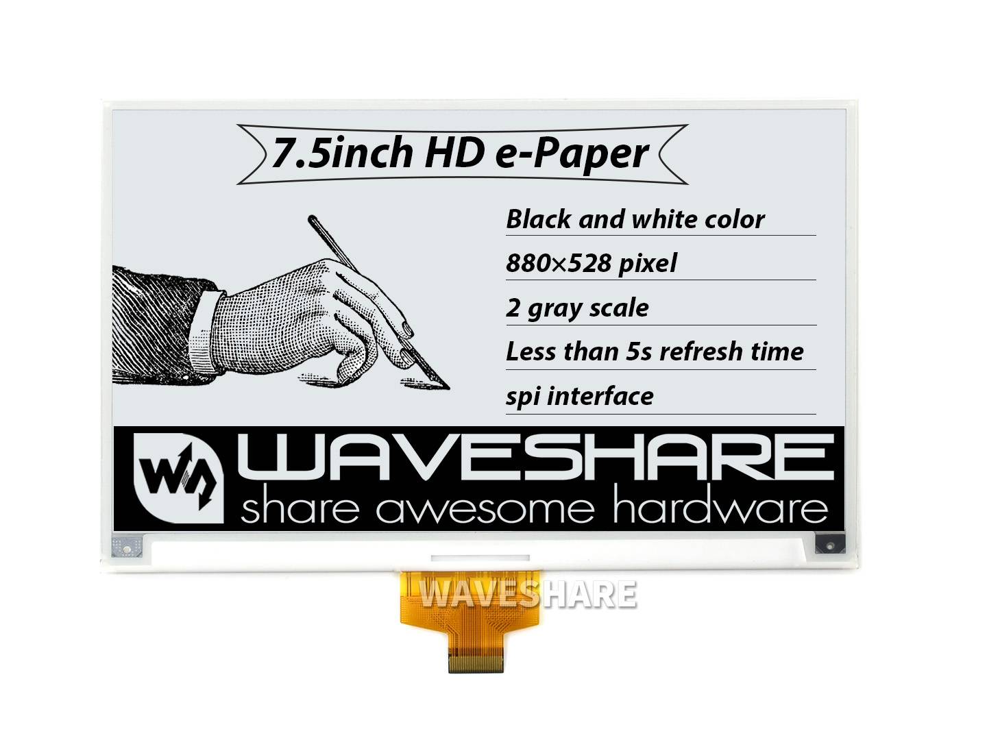 WaveShare 7.5inch HD e-Paper E-Ink Raw Display 880×528 Black / White