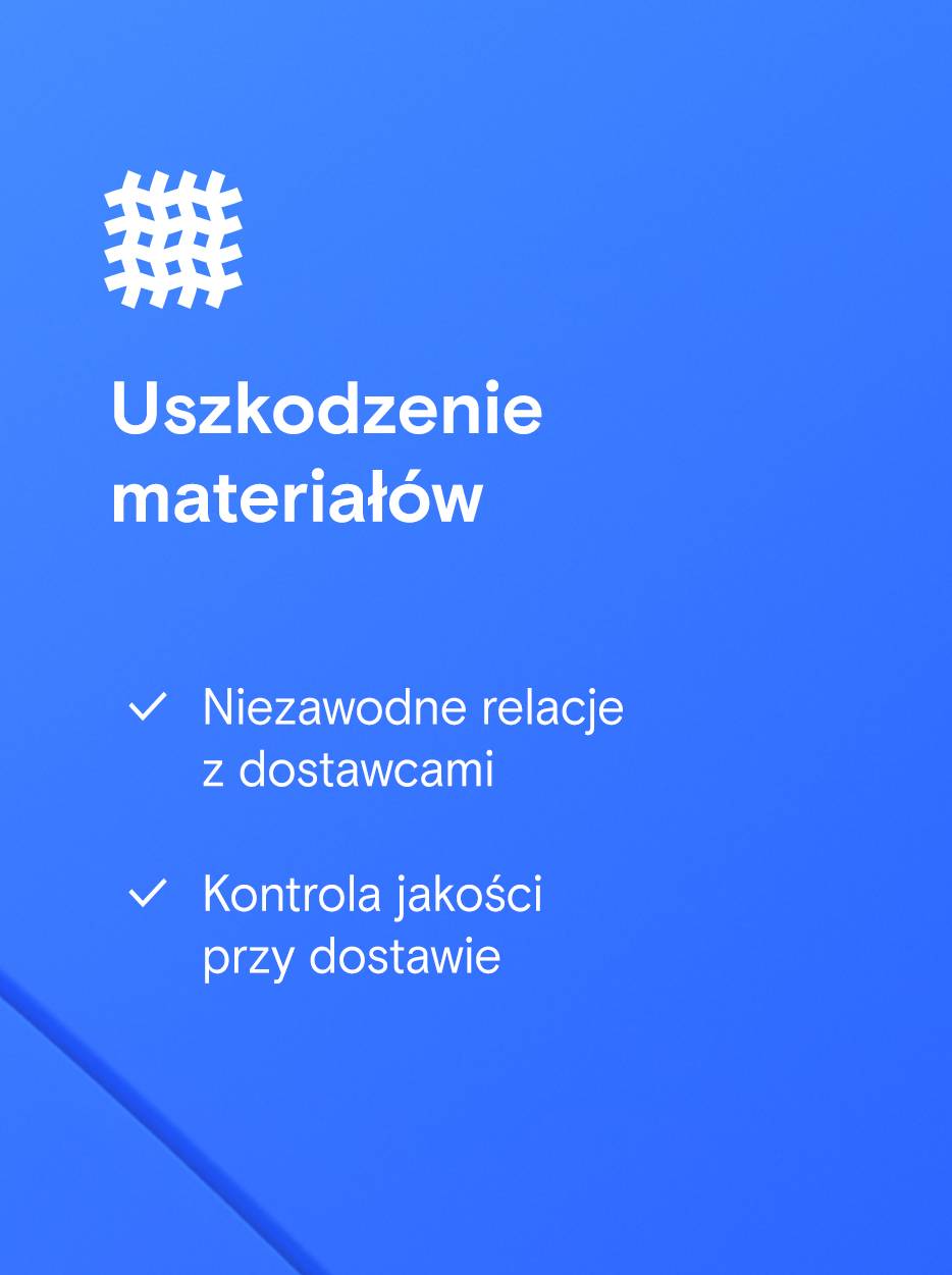 Prostokątny przycisk z symbolem siatki, obok niego tekst „Awaria materiału” i trzy listy z zaznaczeniami: „Niezawodne relacje z dostawcami”, „Kontrola jakości dostaw” i „Utrzymywanie krytycznych list części zamiennych”.