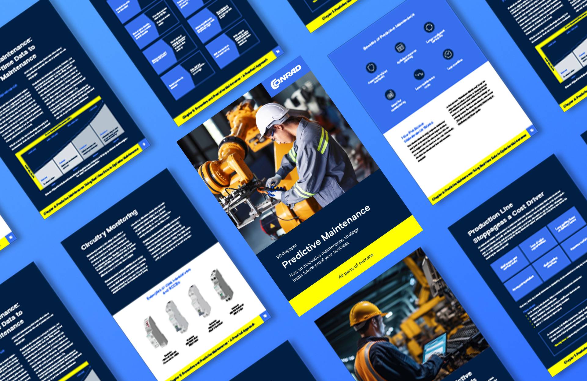 Několik dokumentů s modrým pozadím na stole. Témata dokumentů jsou např. údržba a monitorování obvodů. Odkaz vede na stažení bílé knihy.