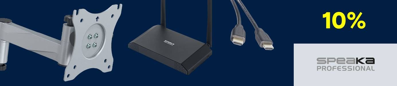 Vengono mostrati un braccio monitor argentato, una scatola nera (presumibilmente uno splitter o un hub) e due cavi HDMI. La confezione riporta la dicitura “10%” e il logo “SPEAKA PROFESSIONAL” in giallo.