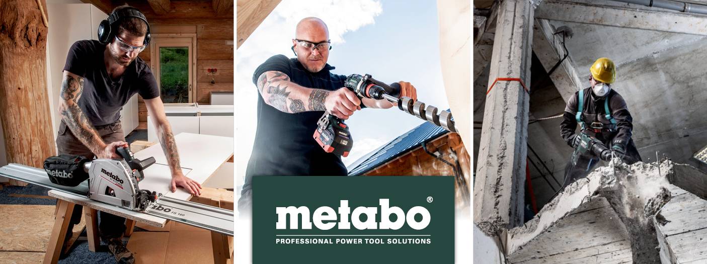 Drei Handwerker mit Metabo-Werkzeugen.