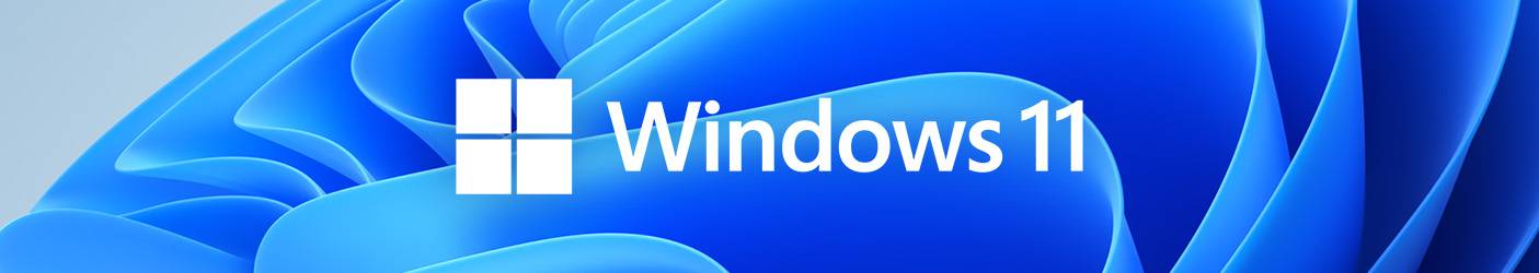 Weißes Windows 11 Logo und Schrift auf blauem Hintergrund mit abstrakten Formen.