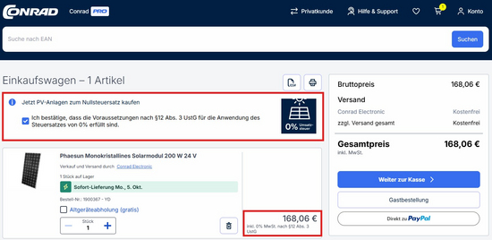 Die Detailansicht vom Warenkorb im Conrad Shop. Die Stelle, die angeklickt werden muss und der Preis mit 0% Mehrwertsteuer sind wieder farbig hervorgehoben.