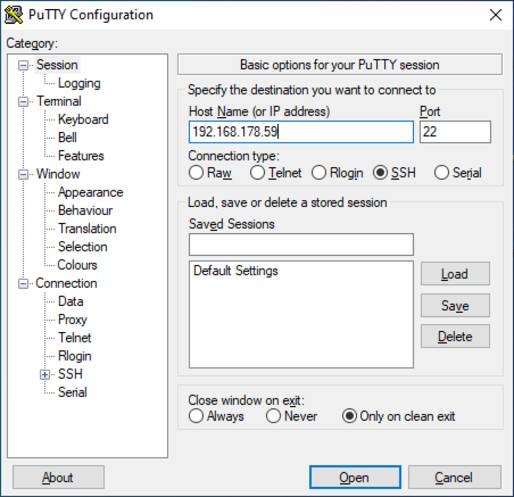 Raspberry Pi: Konfigurace PuTTY