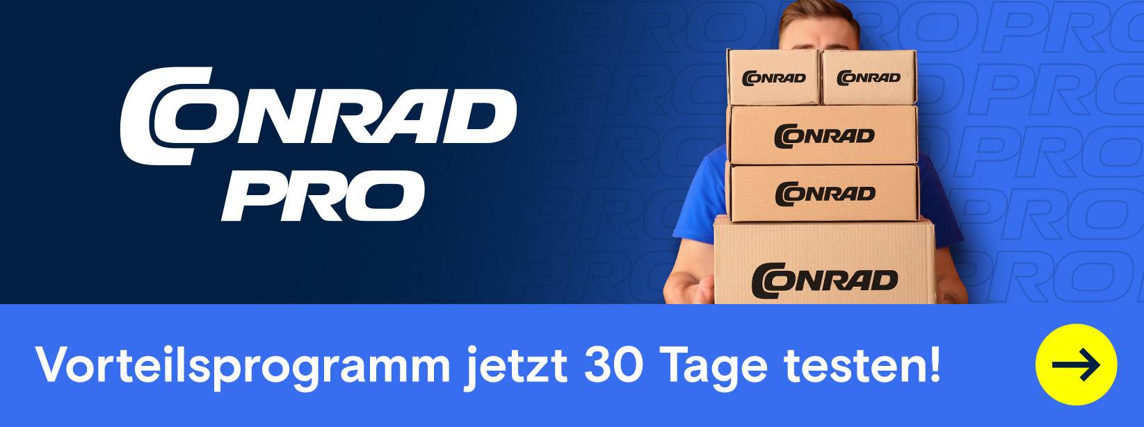 Conrad Pro: Person hinter Stapel Conrad-Paketen.