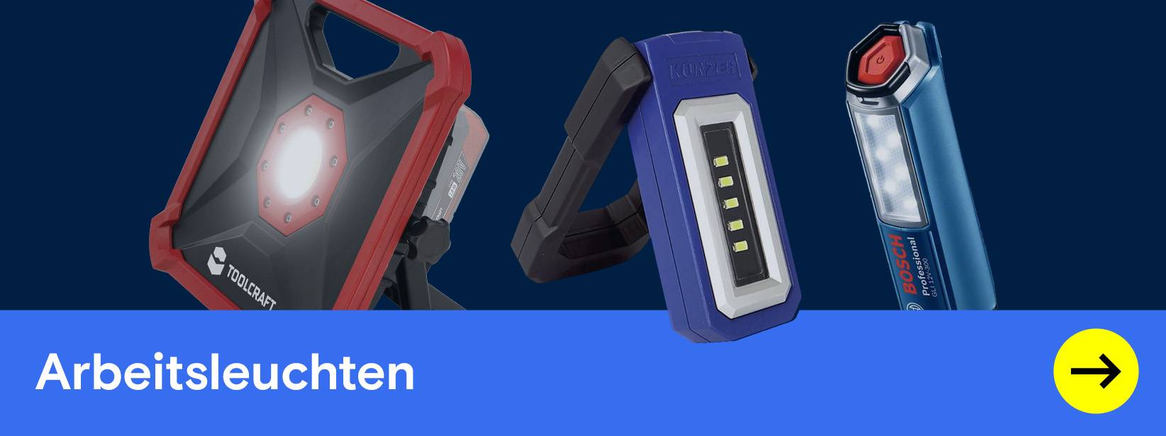 Drei Arbeitsleuchten (rot, blau, Profi). Banner: Arbeitsleuchten.