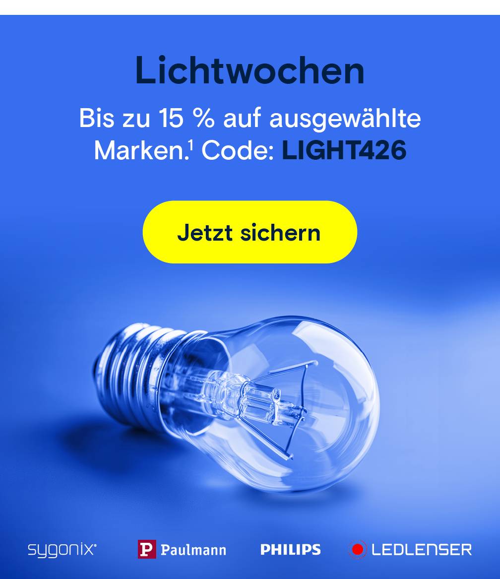 Lichtwochen: Glühbirne auf blauem Grund und Rabatt-Code.