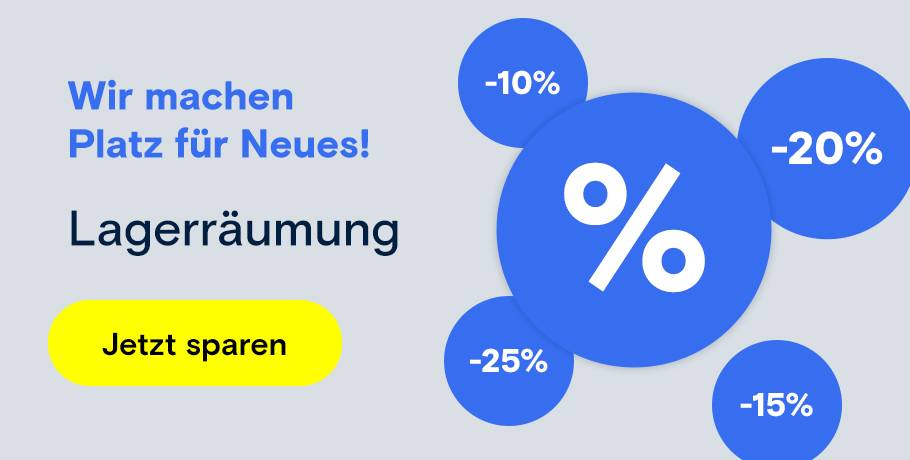 "Lagerräumung" mit blauen Prozent-Kreisen und "Jetzt sparen" Button. Weiterleitung zu einer Produktauswahl zum Thema Lagerräumung
