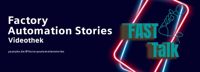 Factory Automation Stories Videothek" mit Neon-Mikrofon und "FAST Talk"-Schriftzug