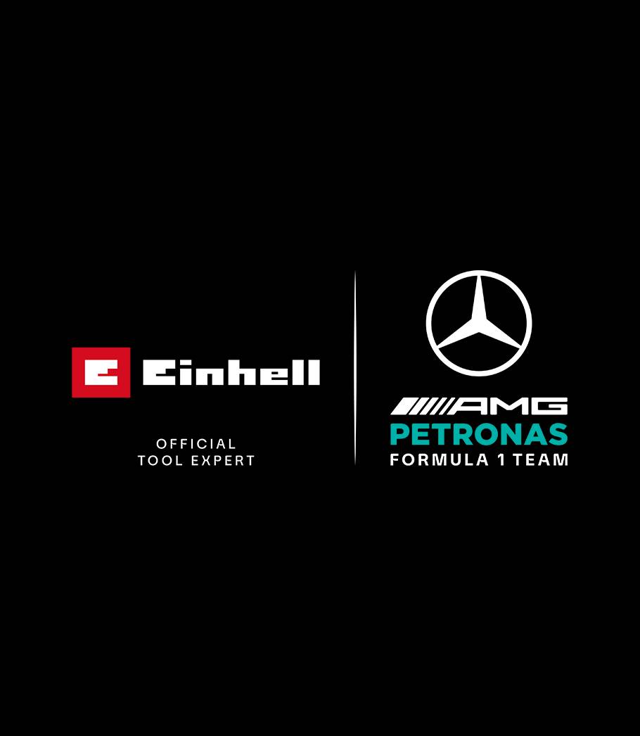 Das Bild zeigt auf schwarzem Hintergrund das rote Einhell Logo, daneben das Mercedes-Benz Logo und den Schriftzug "AMG PETRONAS FORMULA ONE TEAM" mit dem Text "Official Tool Expert" darüber.