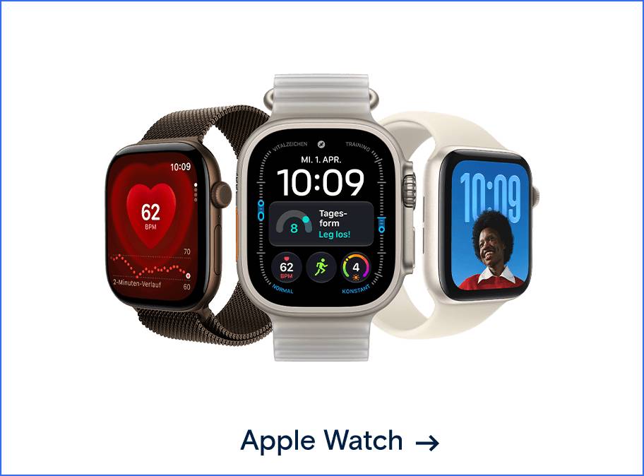 Gruppenbild der aktuellsten Apple Watch Modelle. Weiterleitung zur Apple Watch Seite