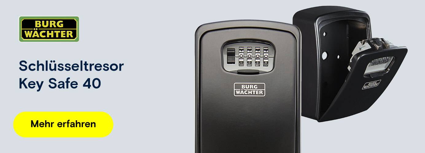 Schwarzer Burg Wächter Schlüsseltresor Key Safe 40 mit Zahlenkombination, geschlossen und geöffnet.