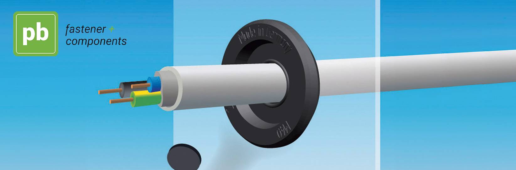 Kabel im Anschnitt mit Gummitülle. pb fastener + components.