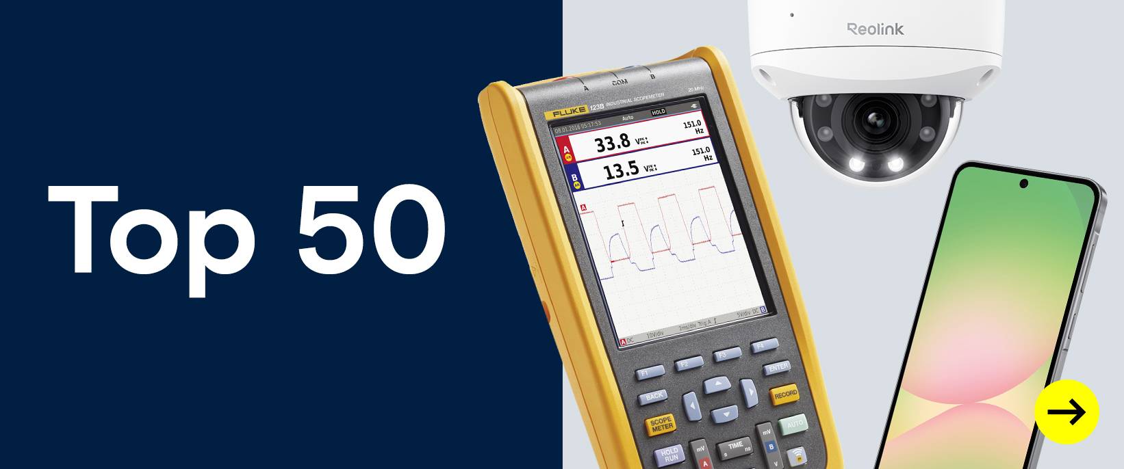 Top 50: Fluke ScopeMeter, Überwachungskamera und Smartphone.