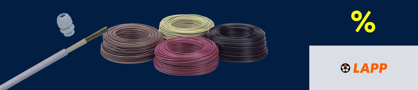 Werbebanner mit Kabeln in verschiedenen Farben und Installationszubehör. Daneben steht ein Prozentzeichen und das Lapp-Logo.