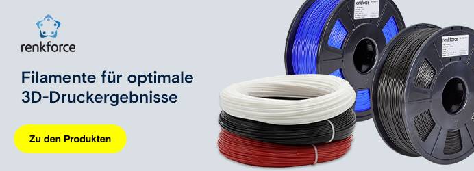 Produktbild von Renkforce Filamente, mit dem Text: "Filamente für optimale 3D-Druckergebnisse"