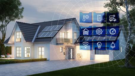 Auf diesem Bild sieht man ein Haus vor dem eine digitale Abbildung mit diversen Anwendungen für den Einplatinencomputer im Smart Home Bereich.
