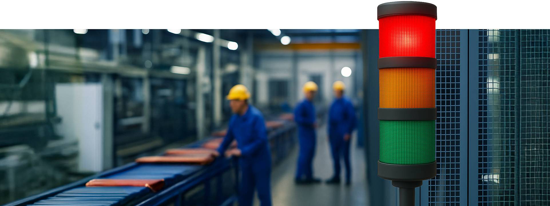 Drei Bauarbeiter in blauer Kleidung und gelben Helmen in einer Fabrik. Rechts eine Ampel mit rotem, gelbem und grünem Licht.