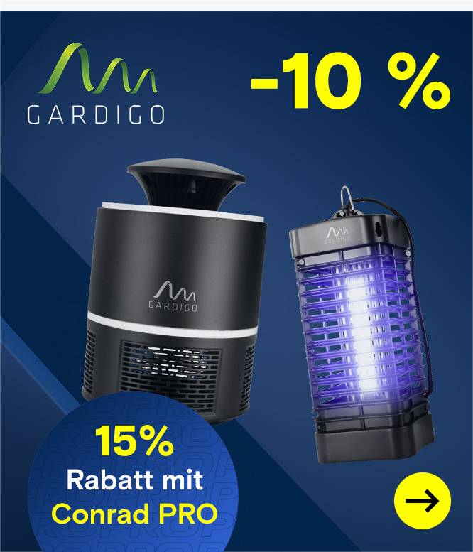 Gardigo-Werbebanner mit einer Insektenfalle und einem UV-Insektenvernichter sowie 10 % Rabatt beziehungsweise 15 % Rabatt für Conrad-PRO-Kunden.