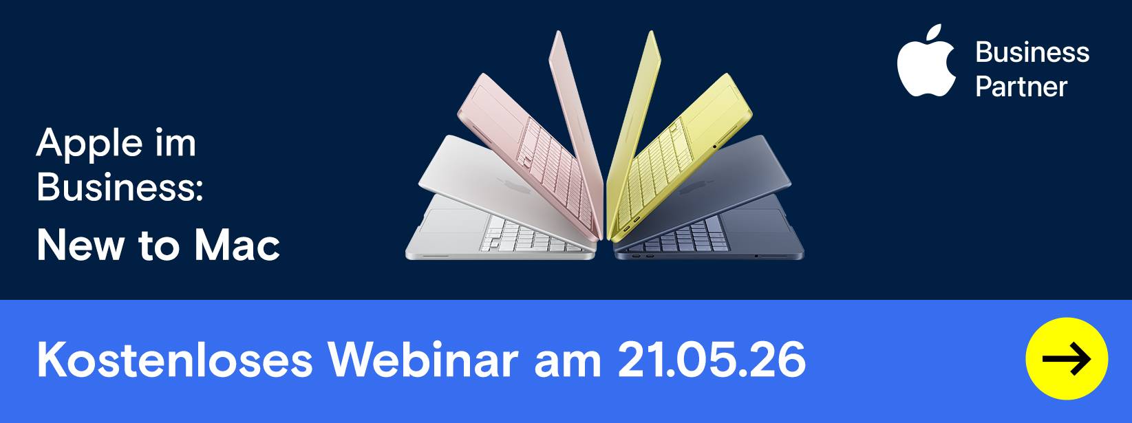 Apple Business: Farbig gefächerte MacBooks und Webinartermin.