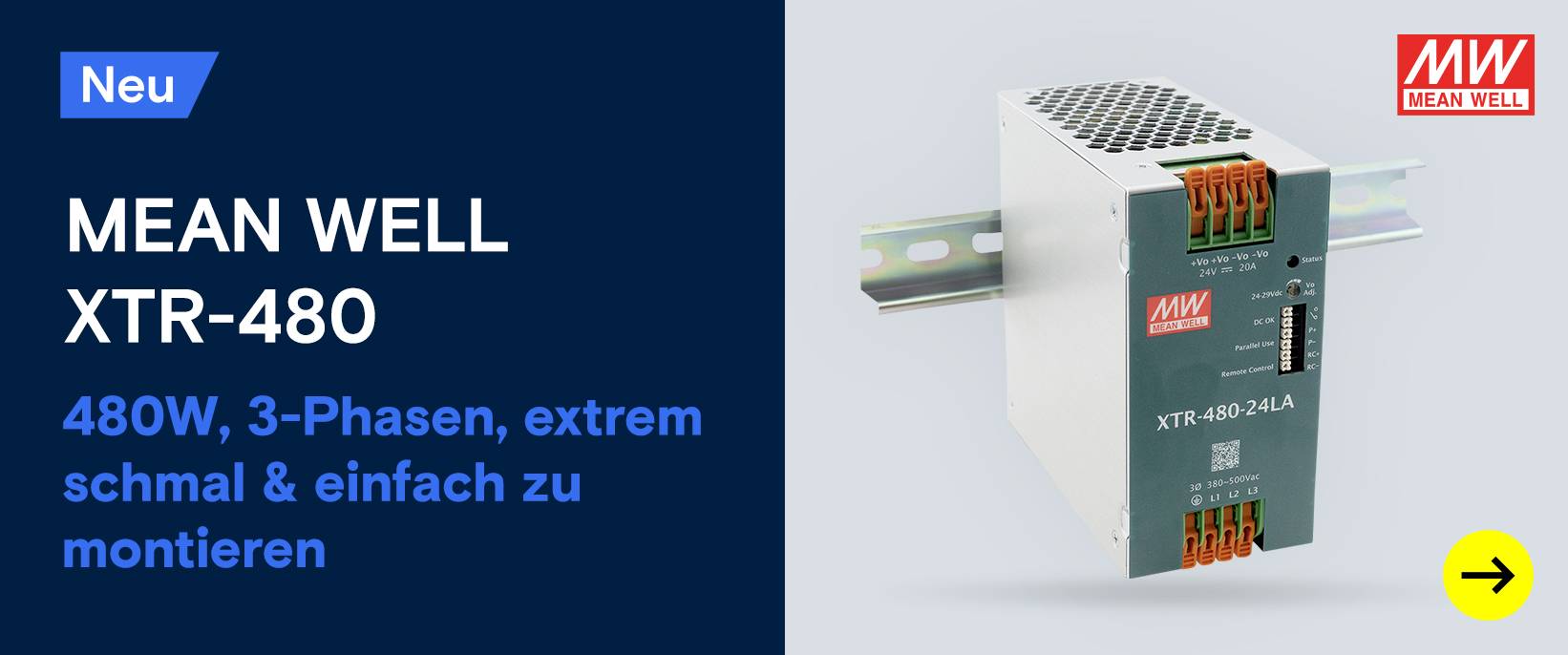 Mean Well Netzteil. Text: 480W, 3-Phasen, schmale Montage.